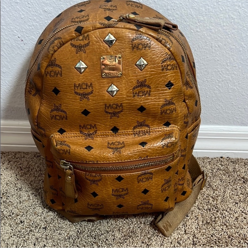 MCM Cognac Backpack with Logo and Studs